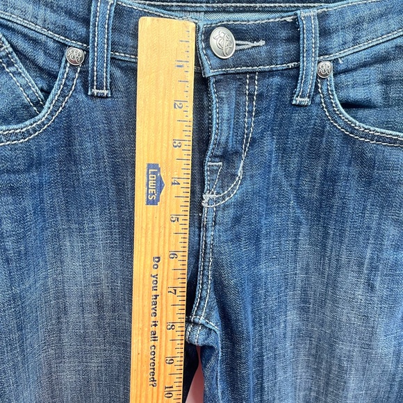 Y2k ROCK & REPUBLIC Flare Blue Jeans Rhinestone Studded Metal Punk Flap Womens 4 - Picture 10 of 14